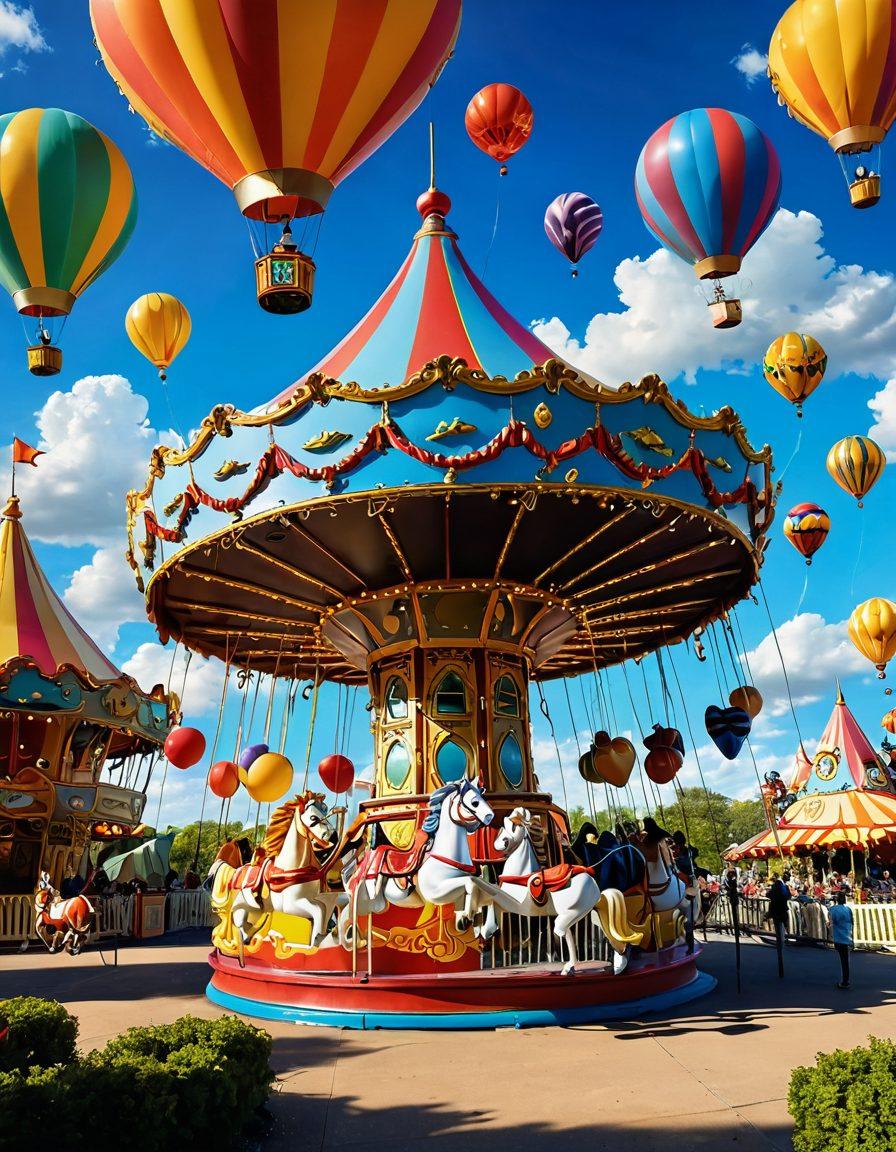 An enchanting scene of a colorful amusement park filled with whimsical rides, lively characters, and joyful children exploring. Include a vibrant carousel, whimsical balloons that float in the air, and a backdrop of fluffy clouds with sunshine breaking through. Add elements of laughter and excitement, capturing the spirit of adventure and amusement. bright colors. fantastical. lively illustration.