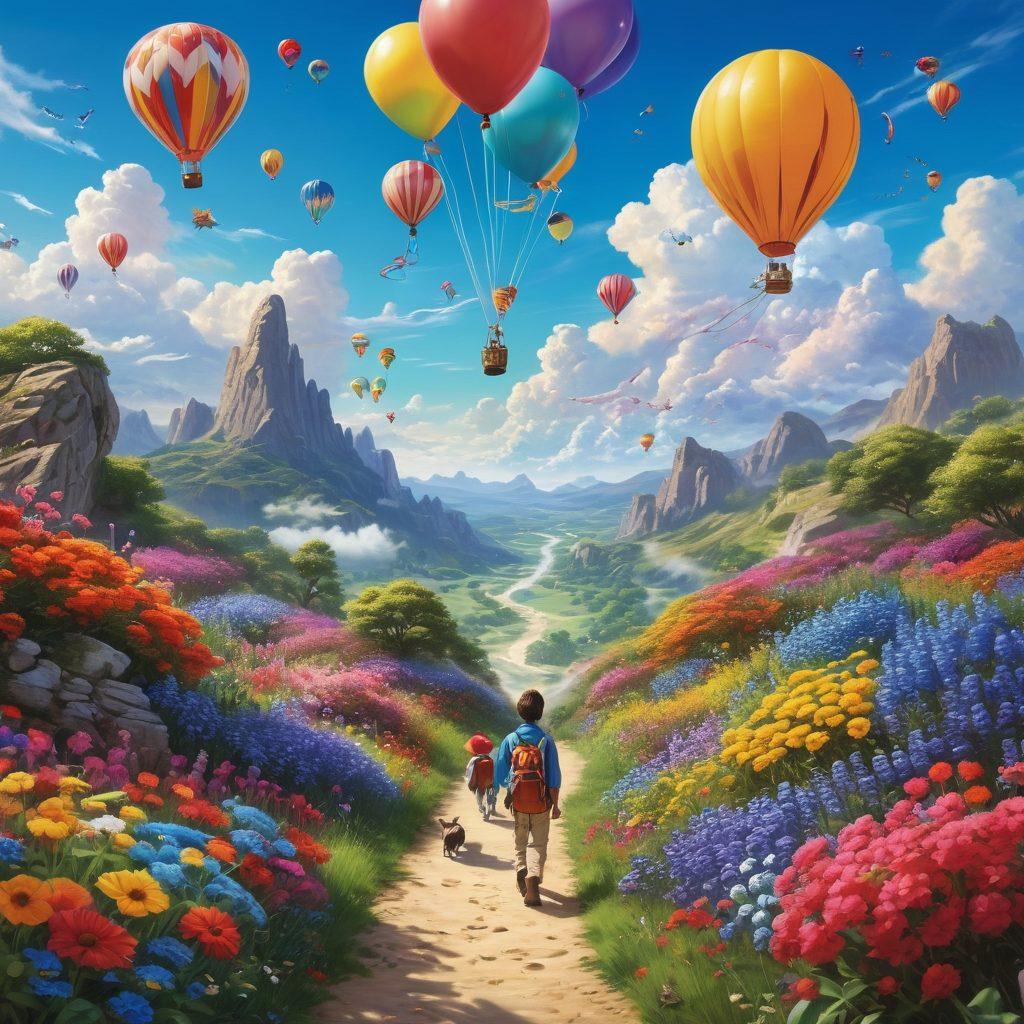 A whimsical landscape depicting a vibrant journey filled with colorful balloons, cheerful explorers hiking along a sunlit path, surrounded by blooming flowers and playful animals. The scene should convey a sense of joy, wonder, and discovery, inviting the viewer to join the adventure. Incorporate elements of laughter and excitement with a bright blue sky and fluffy clouds above. vibrant colors. super-realistic. playful style.
