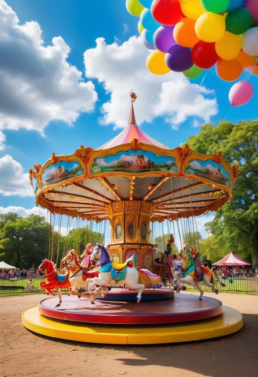 A colorful carousel spinning in a sunlit park, filled with playful children laughing and enjoying the ride. Surrounding the carousel, whimsical balloons and confetti float through the air, enhancing the festive atmosphere. In the background, a vibrant rainbow arcs over fluffy clouds, symbolizing joy and happiness. The ground is adorned with blooming flowers and delighted families, creating a sense of wonder and amusement. vibrant colors. cartoon style.